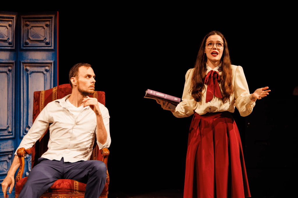 Monty (Will Derusha, at left) listens to Phoebe (Hadassah Misner) in "I've Decided to Marry You" from Lutvak's "A Gentleman's Guide to Love and Murder."