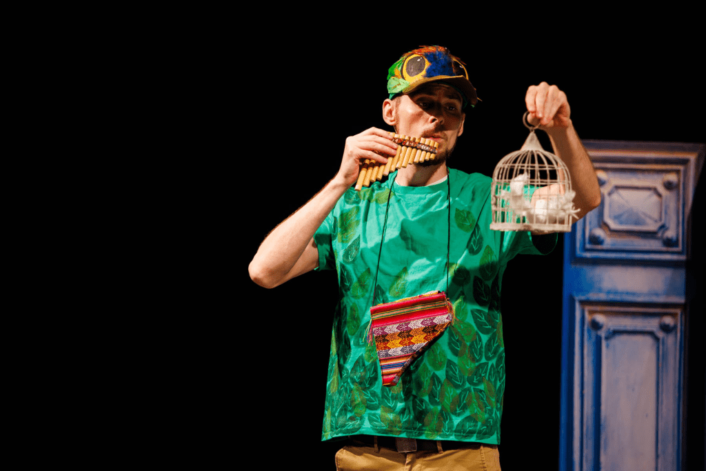 Papageno (Will Derusha) plays his pan flute to the birds, in "Der Vogelfänger bin ich, ja" from Mozart's "The Magic Flute".