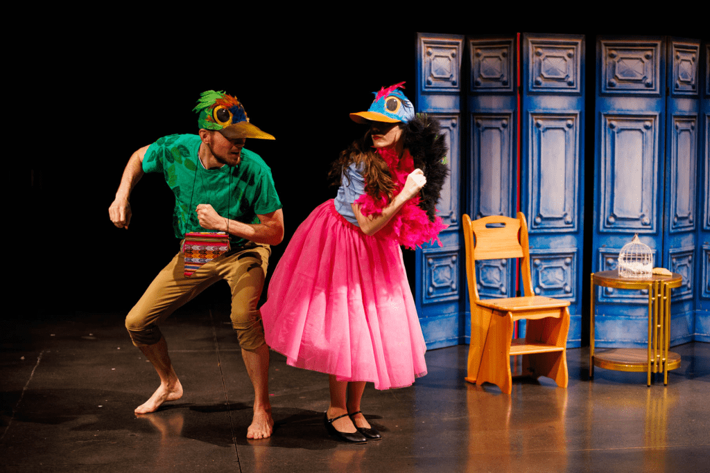 Papageno (Will Derusha, at left) and Papagena (Hadassah Misner) dance together in "Pa-pa-pa-pa" from Mozart's "The Magic Flute".