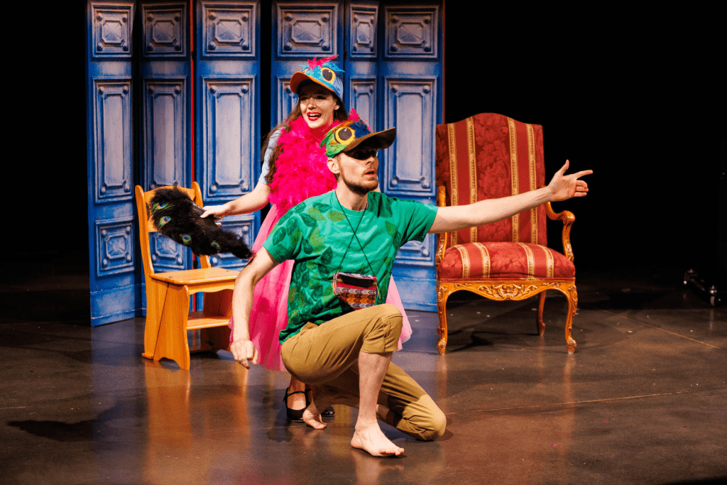 Papagena (Hadassah Misner, behind) and Papageno (Will Derusha) dream of their future together, in "Pa-pa-pa-pa" from Mozart's "The Magic Flute."